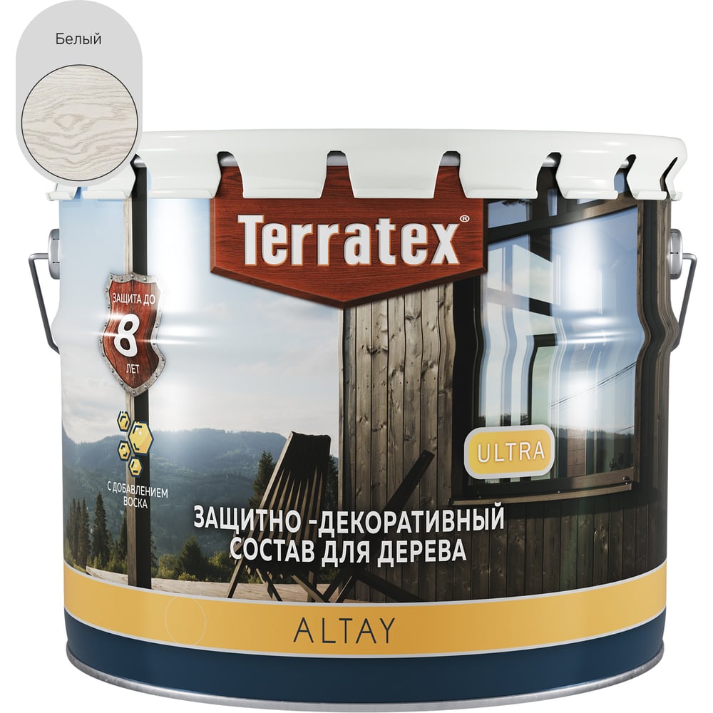 Изображение товара Деревозащитный декоративный состав ТЕРРАТЕКС ALTAY ULTRA Белый 7.5кг