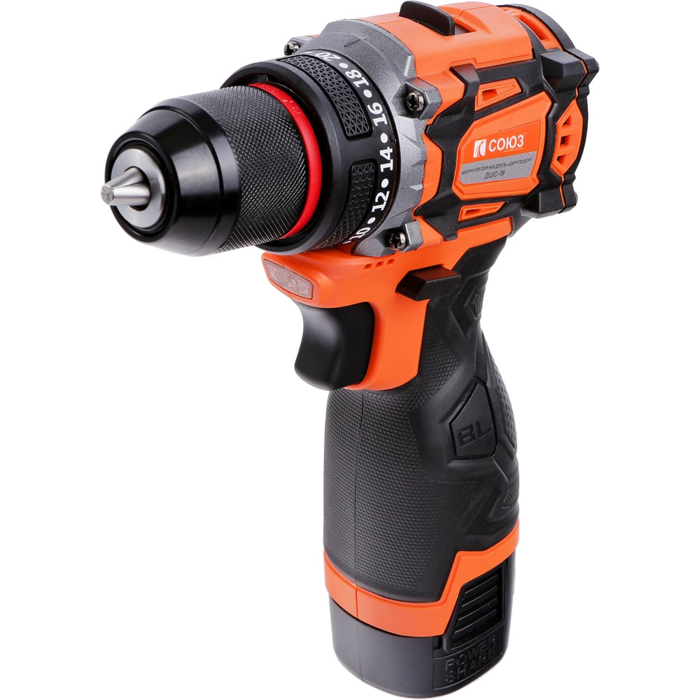 Изображение товара Дрель аккумуляторная бесщеточная Союз 16В, 45Нм, 2x2.0Ач, ЗУ,кейс ДШС-18