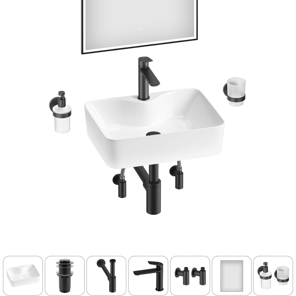 Изображение товара Комплект 7 в 1 Wellsee Bathroom Sink накладная раковина 48x37 см с аксессуарами
