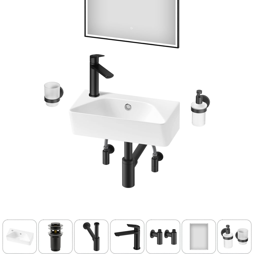 Изображение товара Комплект 7 в 1 Wellsee Bathroom Sink раковина с зеркалом и смесителем 40x22 см