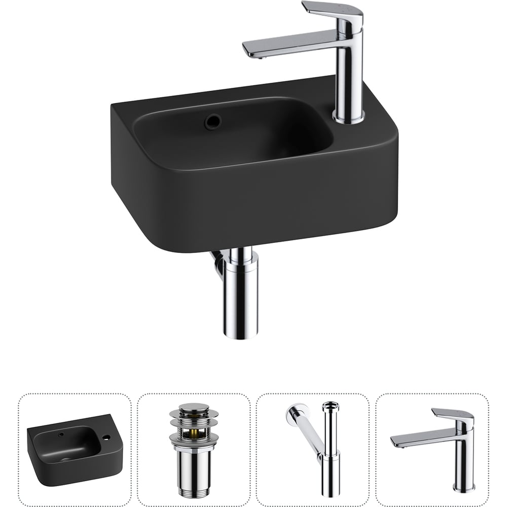 Изображение товара Комплект 4 в 1 Wellsee Bathroom Sink накладная раковина 37x25 см черный фарфор