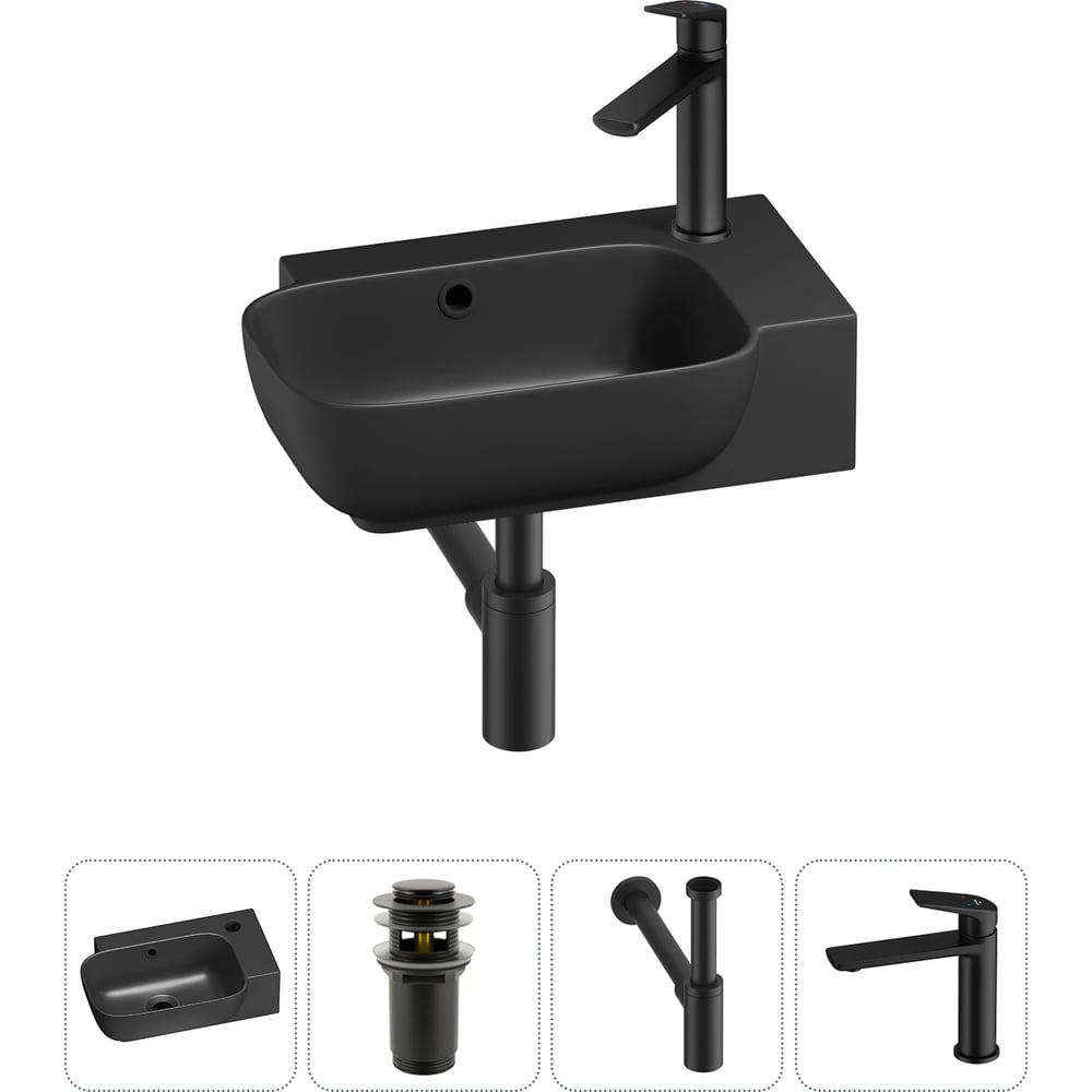 Изображение товара Комплект 4 в 1 Wellsee Bathroom Sink накладная раковина с смесителем и сифоном 40x24 см черная