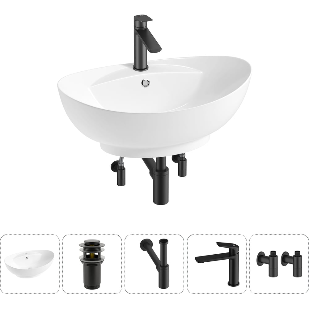 Изображение товара Комплект 5 в 1 Wellsee накладная раковина 59x39 см с смесителем и сифоном