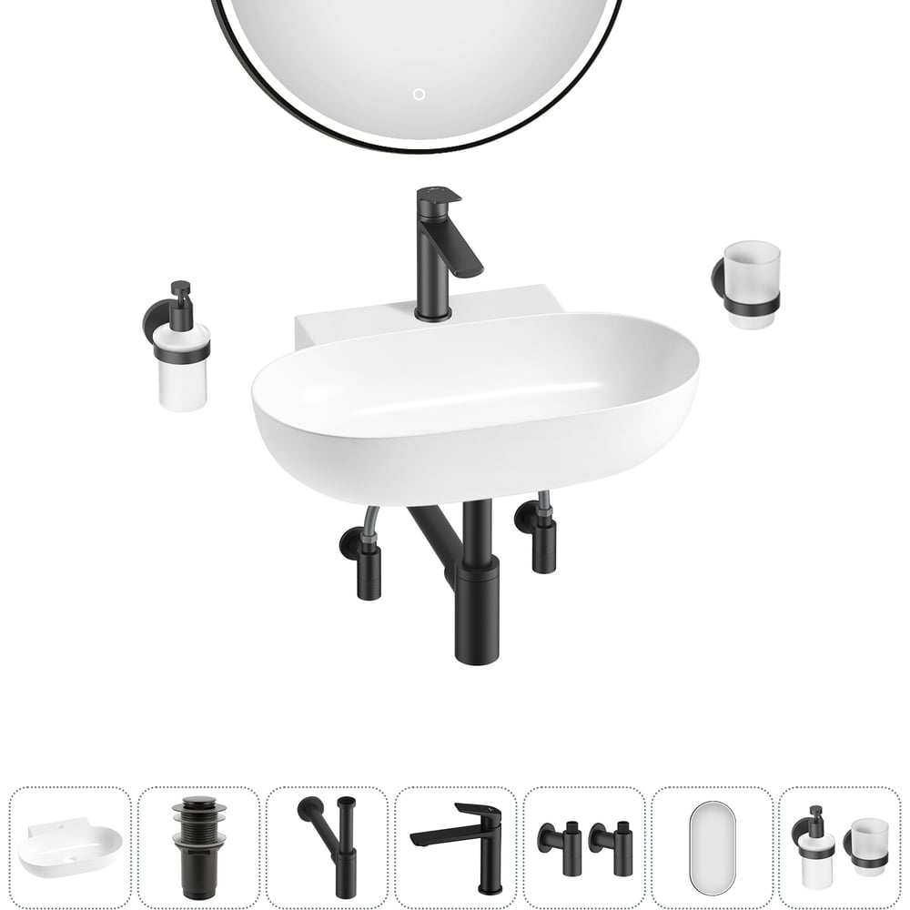 Изображение товара Комплект 7 в 1 Wellsee раковина накладная современная белая фарфор