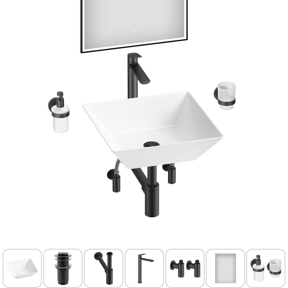 Изображение товара Комплект 7 в 1 Wellsee Bathroom Sink накладная раковина с зеркалом смесителем и аксессуарами