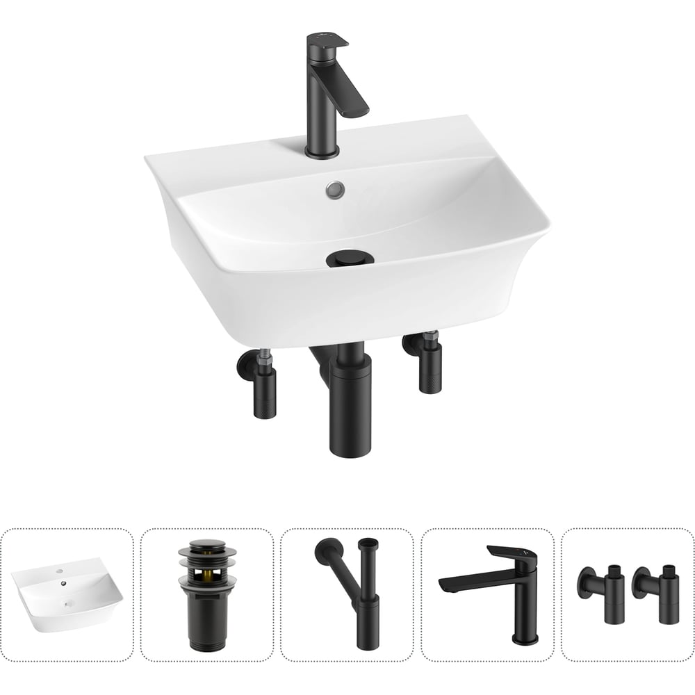 Изображение товара Комплект 5 в 1 Wellsee Bathroom Sink накладная раковина 45x40 см с смесителем и сифоном