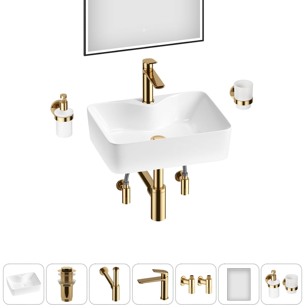 Изображение товара Комплект 7 в 1 Wellsee Bathroom Sink накладная раковина 48x37 см состоит из 3331110 20219351R