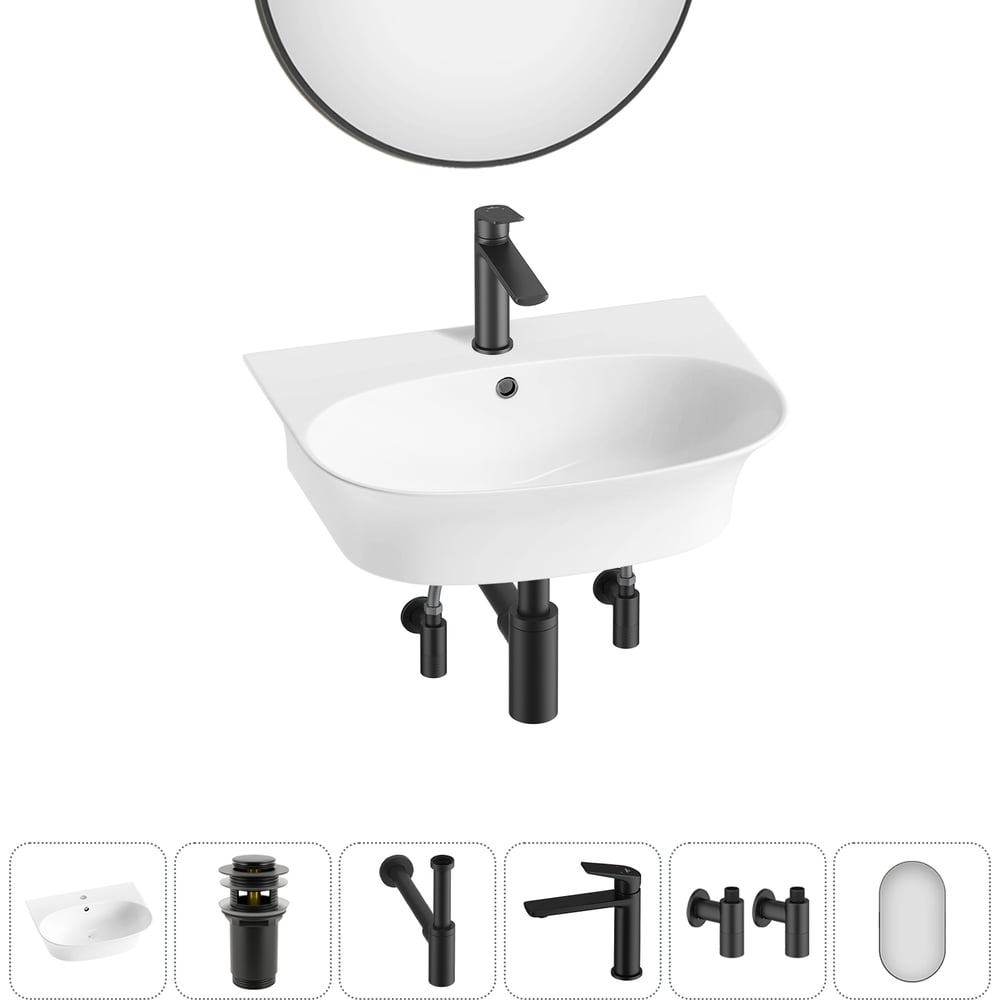 Изображение товара Комплект 6 в 1 Wellsee Bathroom Sink накладная раковина 55x43 см с зеркалом и смесителем