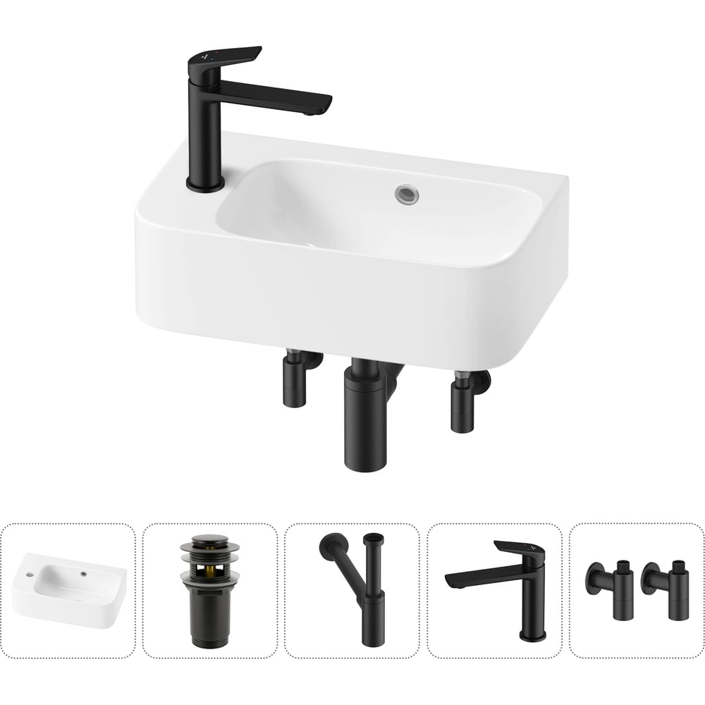 Изображение товара Комплект 5 в 1 Wellsee накладная раковина для ванной 45x27 см с смесителем и сифоном