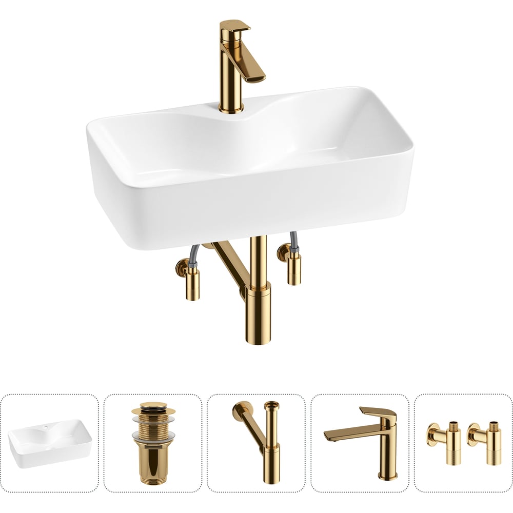 Изображение товара Комплект 5 в 1 Wellsee Bathroom Sink накладная раковина фарфор смеситель сифоны угловые вентили