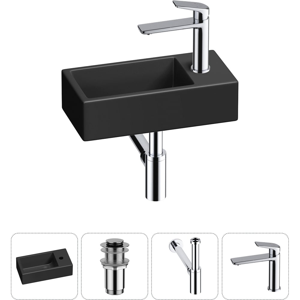 Изображение товара Комплект раковина 40x20 см Wellsee с смесителем и сифоном современный дизайн черный