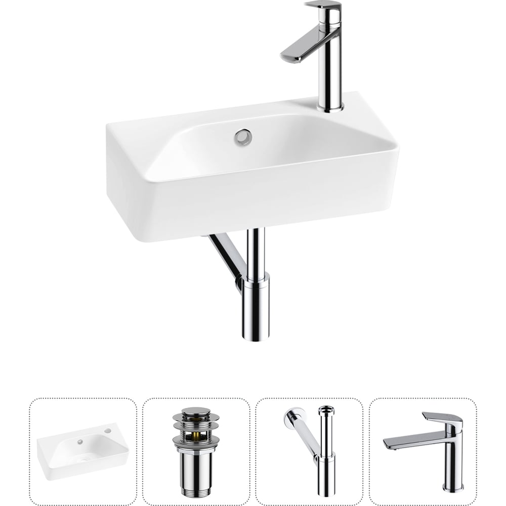 Изображение товара Комплект 4 в 1 Wellsee Bathroom Sink накладная раковина 40x22 см с сифоном и смесителем