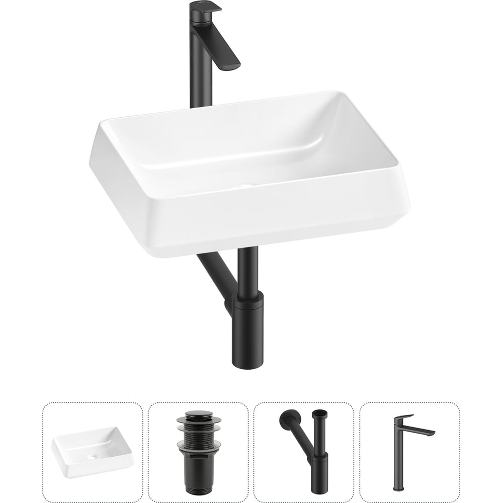 Изображение товара Комплект 4 в 1 Wellsee Bathroom Sink накладная раковина 50x38 см с смесителем сифоном и аэратором