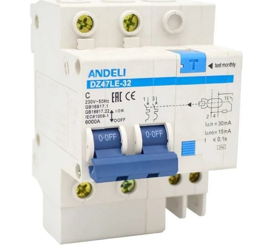 Изображение товара Дифференциальный автоматический выключатель ANDELI DZ47LE-32 2P 32A 100mA тип S х-ка С ADL02-039
