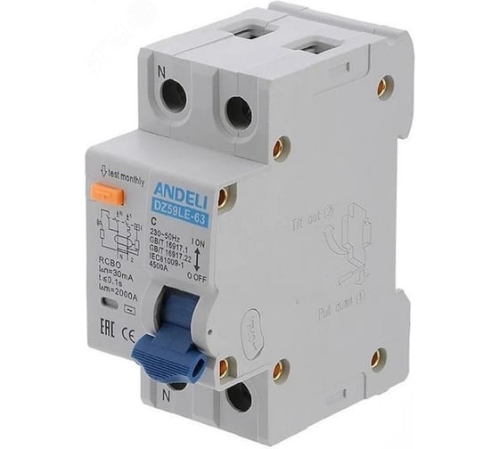 Изображение товара Дифференциальный автомат ANDELI DZ59LE-63 1P+N, 32A, 30mA, характеристика С, 4.5kA ADL02-055(63)