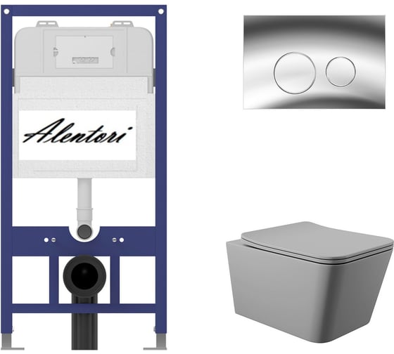 Изображение товара Комплект Инсталляция ALENTORI для подвесного унитаза SISTEMA 52 AL.SIS11T с клавишей смыва L, двойной смыв, хром глянец AL.CHI102CH + Унитаз подвесной 520х370 безободковый, сиденье Soft-Close, серый матовый, форма квадрат AL.SIS11TAL.CHI102CHQ0130
