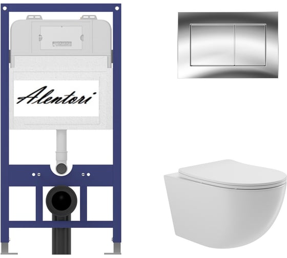 Изображение товара Комплект Инсталляция ALENTORI для подвесного унитаза SISTEMA 52 AL.SIS11T с клавишей смыва A, двойной смыв, хром глянец AL.CHI012CH + Унитаз подвесной 525х360 безободковый, сиденье Soft-Close, белый глянцевый, форма овал AL.SIS11TAL.CHI012CHO0110