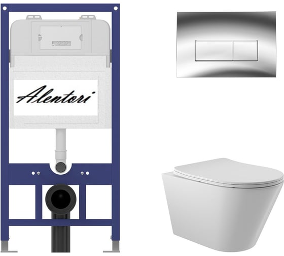 Изображение товара Комплект Инсталляция ALENTORI для подвесного унитаза SISTEMA 52 AL.SIS11T с клавишей смыва H, двойной смыв, хром глянец AL.CHI202CH + Унитаз подвесной 525х360 безободковый, сиденье Soft-Close, белый глянцевый, форма конус AL.SIS11TAL.CHI202CHC0110