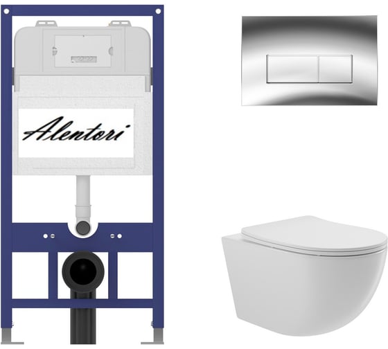 Изображение товара Комплект Инсталляция ALENTORI для подвесного унитаза SISTEMA 52 AL.SIS11T с клавишей смыва H, двойной смыв, хром глянец AL.CHI202CH + Унитаз подвесной 525х360 безободковый, сиденье Soft-Close, белый глянцевый, форма овал AL.SIS11TAL.CHI202CHO0110
