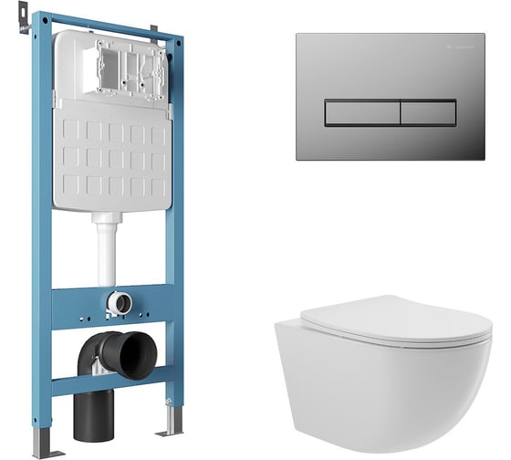 Изображение товара Комплект Aqueduto TECNICA Novo Система инсталляции для подвесного унитаза, RETANGULO Панель смыва, хром, OVO Унитаз подвесной 525x360 безободковый, сиденье с микролифтом, белый глянцевый AQDS111