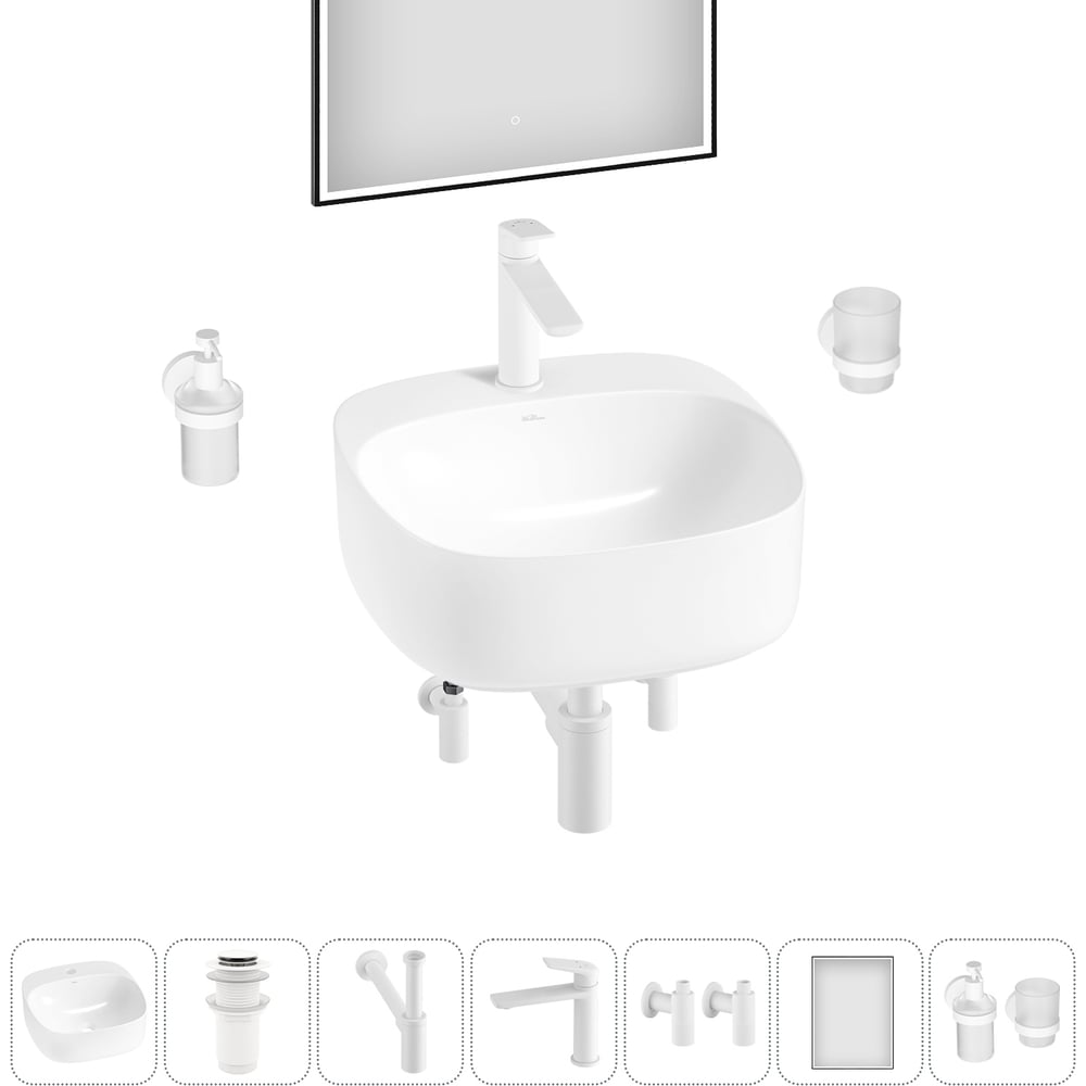 Изображение товара Набор Wellsee 7 в 1 Ideal накладная раковина 42x42 см белый фарфор