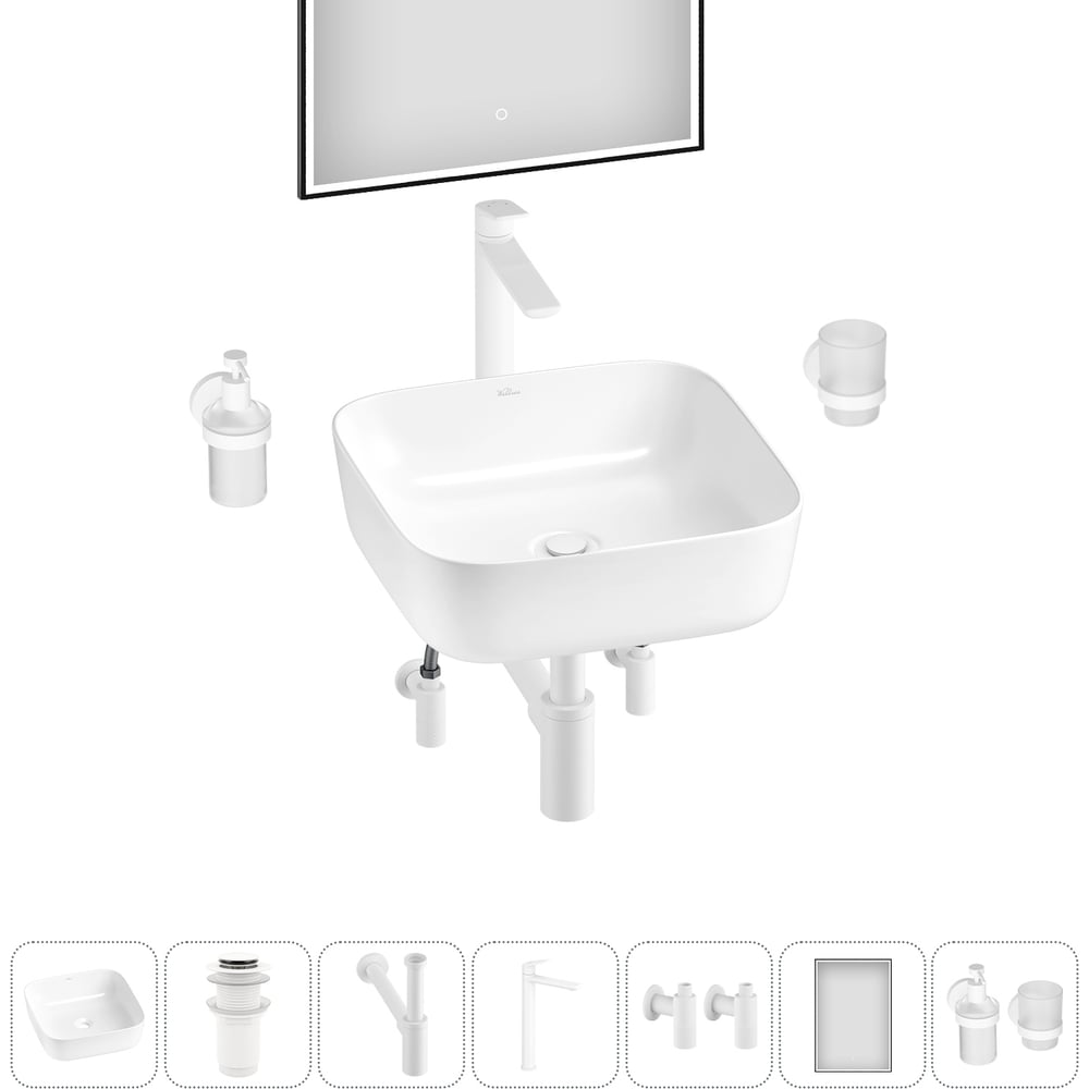 Изображение товара Набор Wellsee 7 в 1 Preen накладная раковина 39x39 см белый фарфор комплект