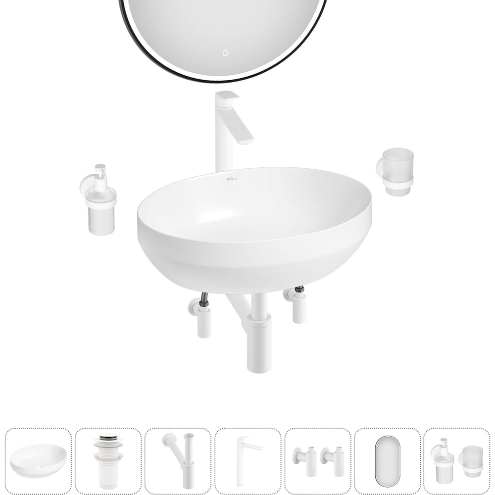 Изображение товара Набор накладной умывальник Wellsee 7 в 1 Air Gap R 50x36 см белый фарфор