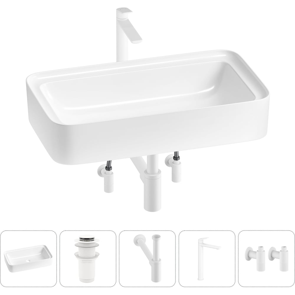 Изображение товара Комплект 5 в 1 Wellsee Lavinia Boho накладная раковина 75x40 см с смесителем и сифоном