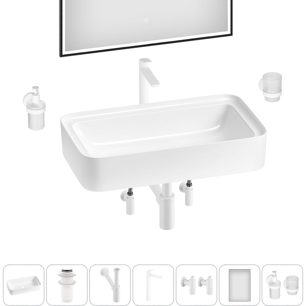 Изображение товара Комплект 7 в 1 Wellsee Lavinia Boho накладная раковина 75x40 см белый фарфор