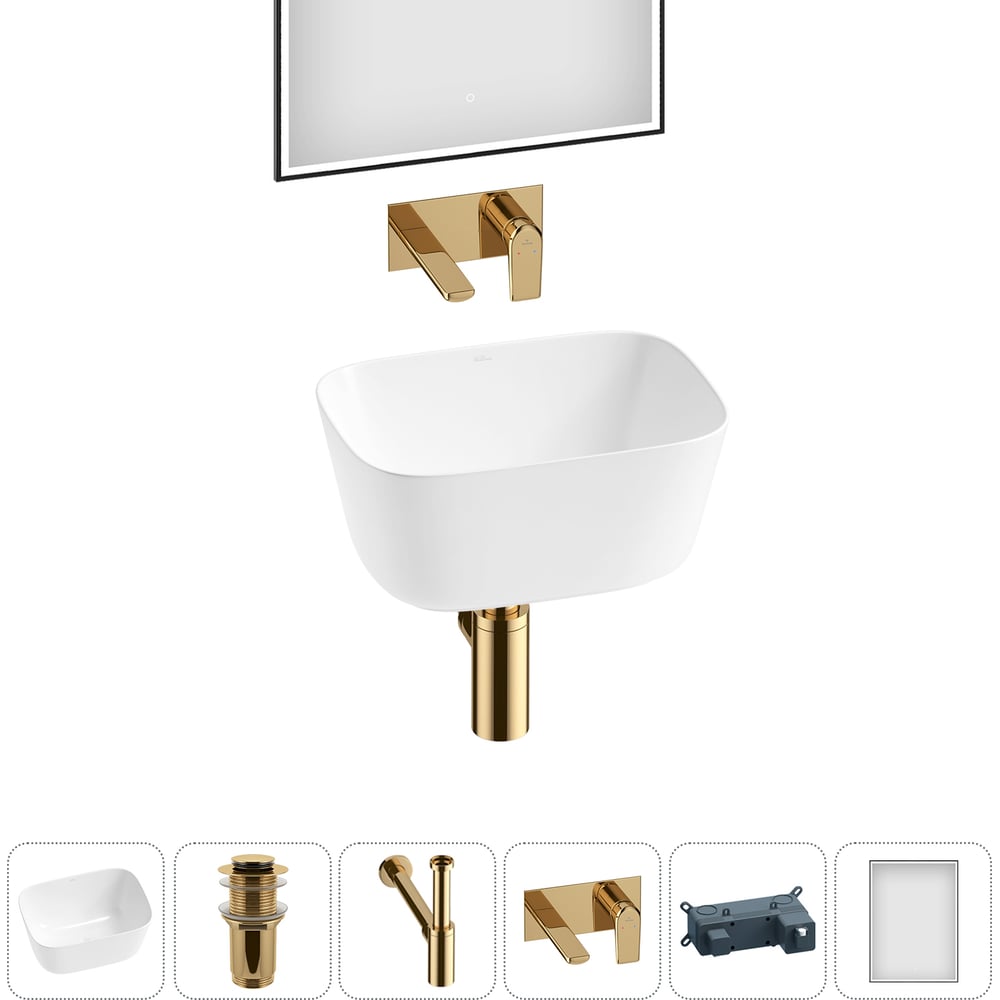 Изображение товара Накладная раковина из фарфора с зеркалом и аксессуарами Золото 45x33 см Wellsee Fontenay Paris