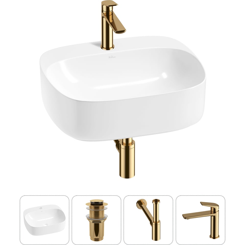 Изображение товара Набор Wellsee 4 в 1 Ideal накладная раковина 50x42 см с смесителем и аксессуарами