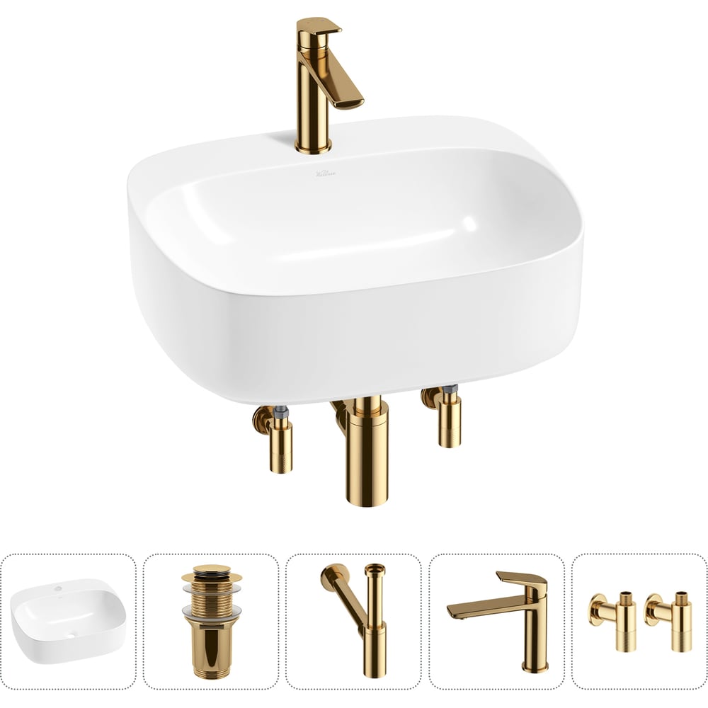 Изображение товара Набор раковина Ideal 5 в 1 белый с смесителем и сифоном, накладная