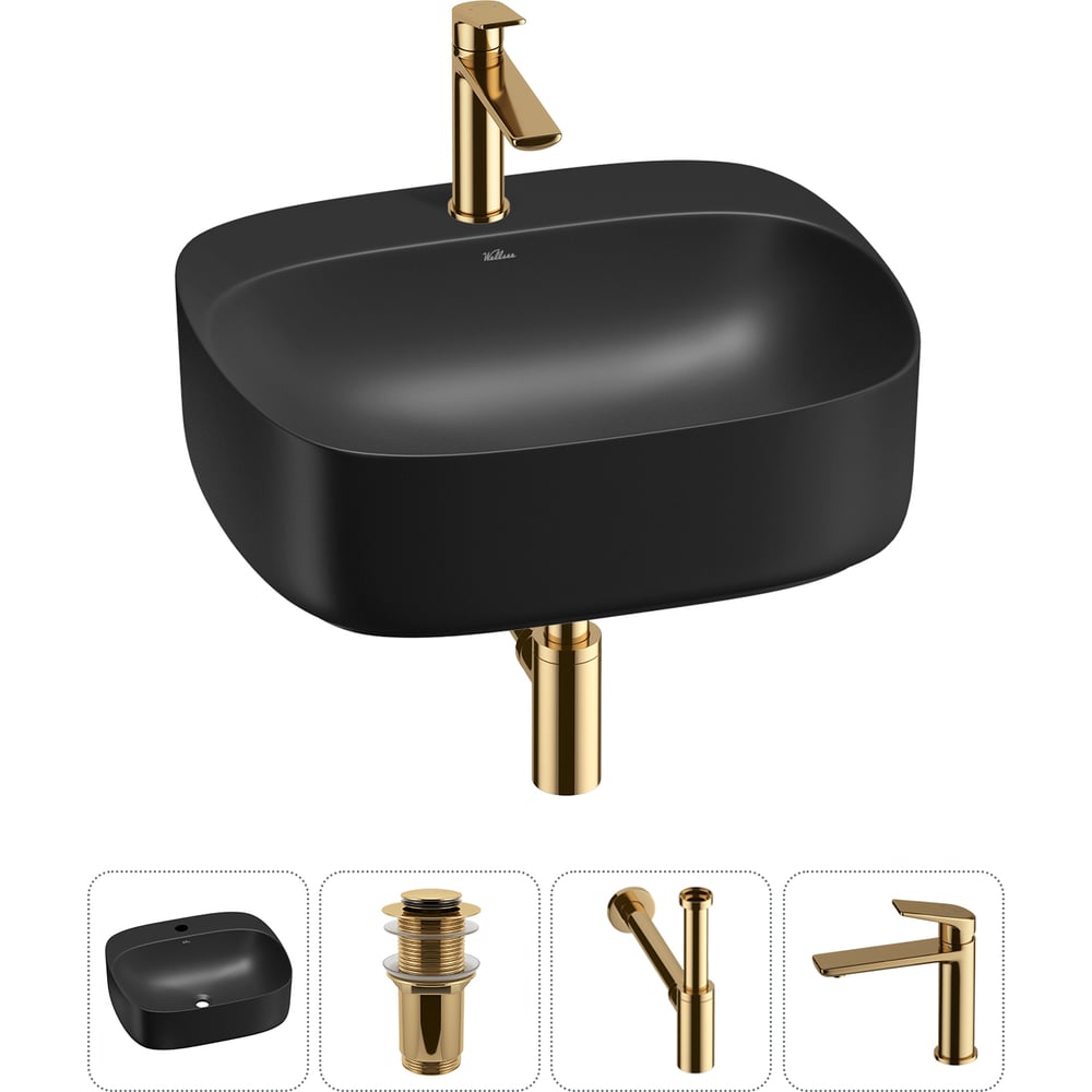 Изображение товара Набор Wellsee 4 в 1 Ideal накладная раковина 50x42 см с смесителем и сифоном черный