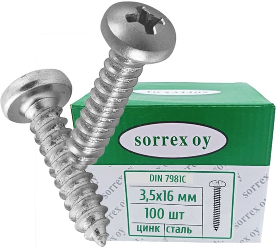 Изображение товара Оцинкованный саморез по металлу SORREX DIN 7981С 3,5х16, 100 шт. 7981С-1-035-016 100