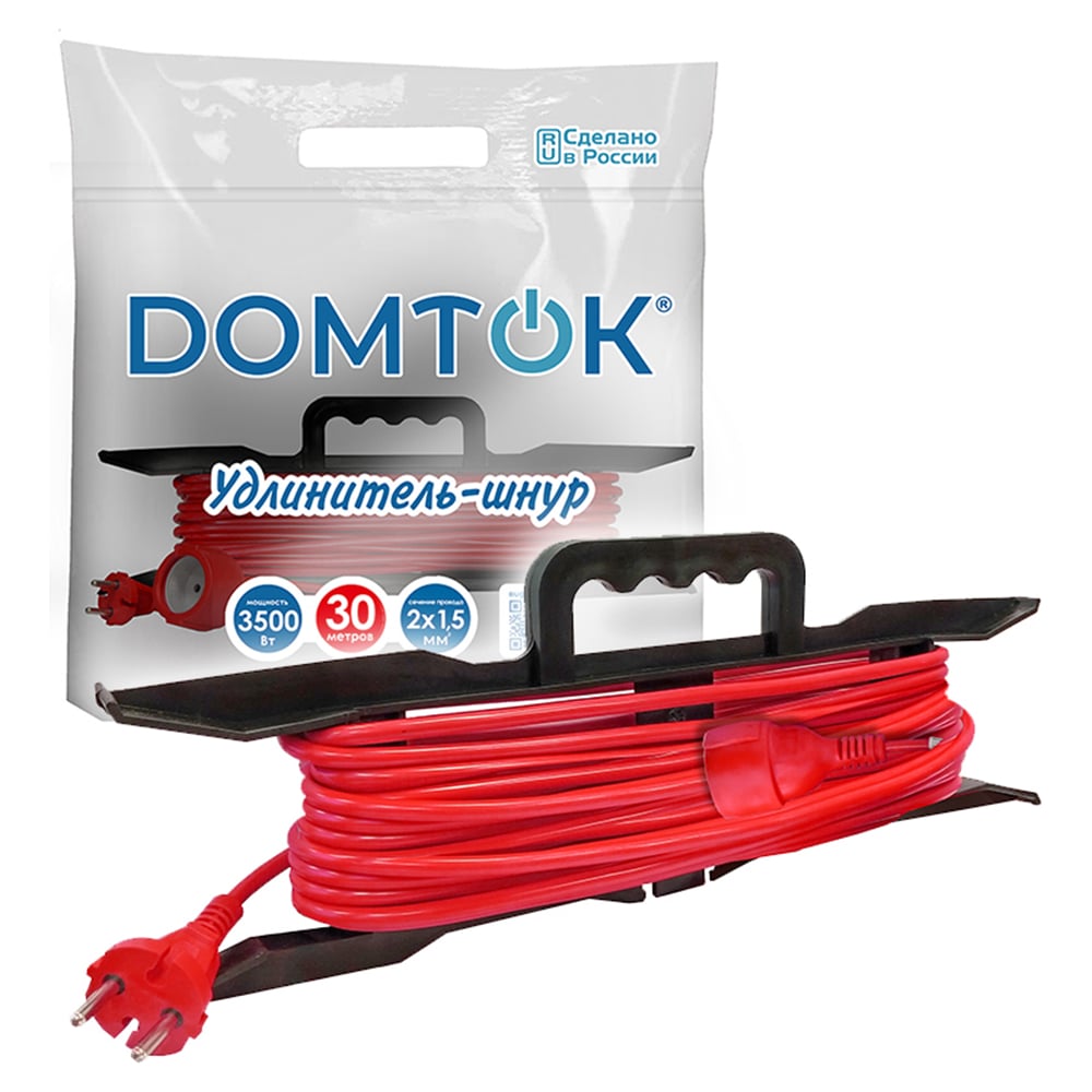Изображение товара Удлинитель-шнур на рамке DOMTOK ПВС 2*1,5, 3,5кВт, без заземления, 30м 2404