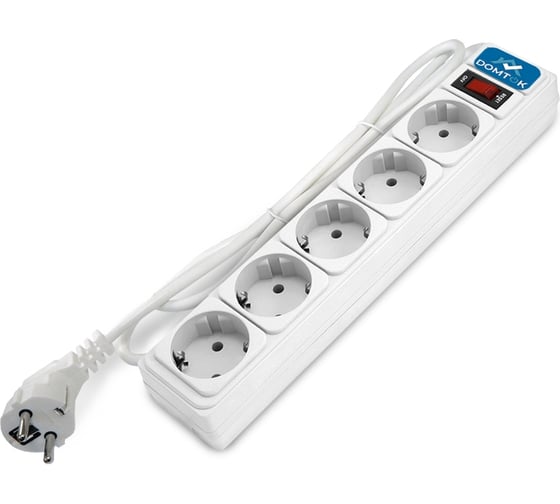 Изображение товара Фильтр-удлинитель DOMTOK 5 гнезд, ПВС 3*1, 10А/2,2кВт, выключатель с индикацией, с заземлением, белый, 1,8м 2527