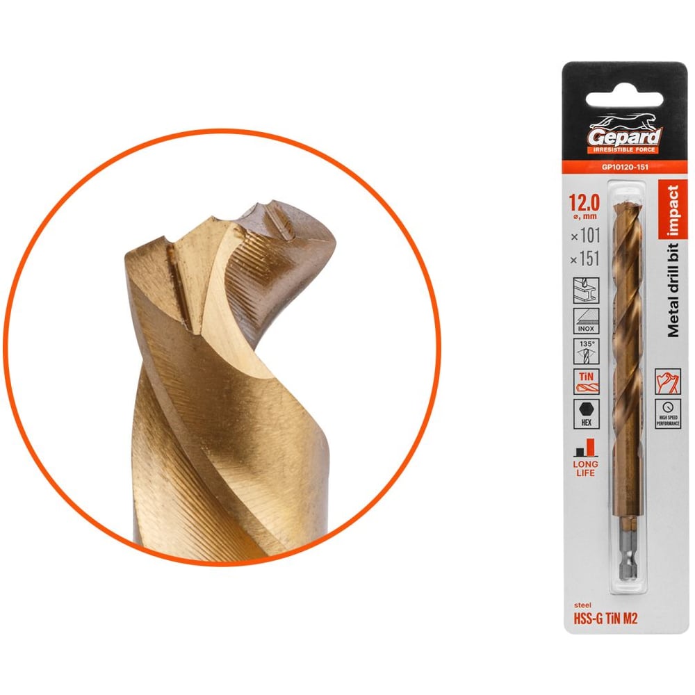 Изображение товара Сверло по металлу шестигранный хвостовик Gepard 12 мм 151 мм HSS-G TIN GP10120-151