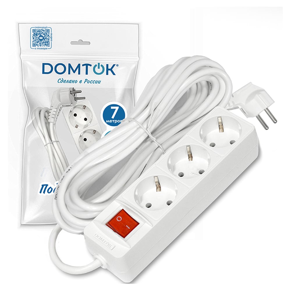 Изображение товара Удлинитель бытовой DOMTOK 3 розетки, ПВС 3х1,0 мм², 7 м, 3,5 кВт, с выключателем