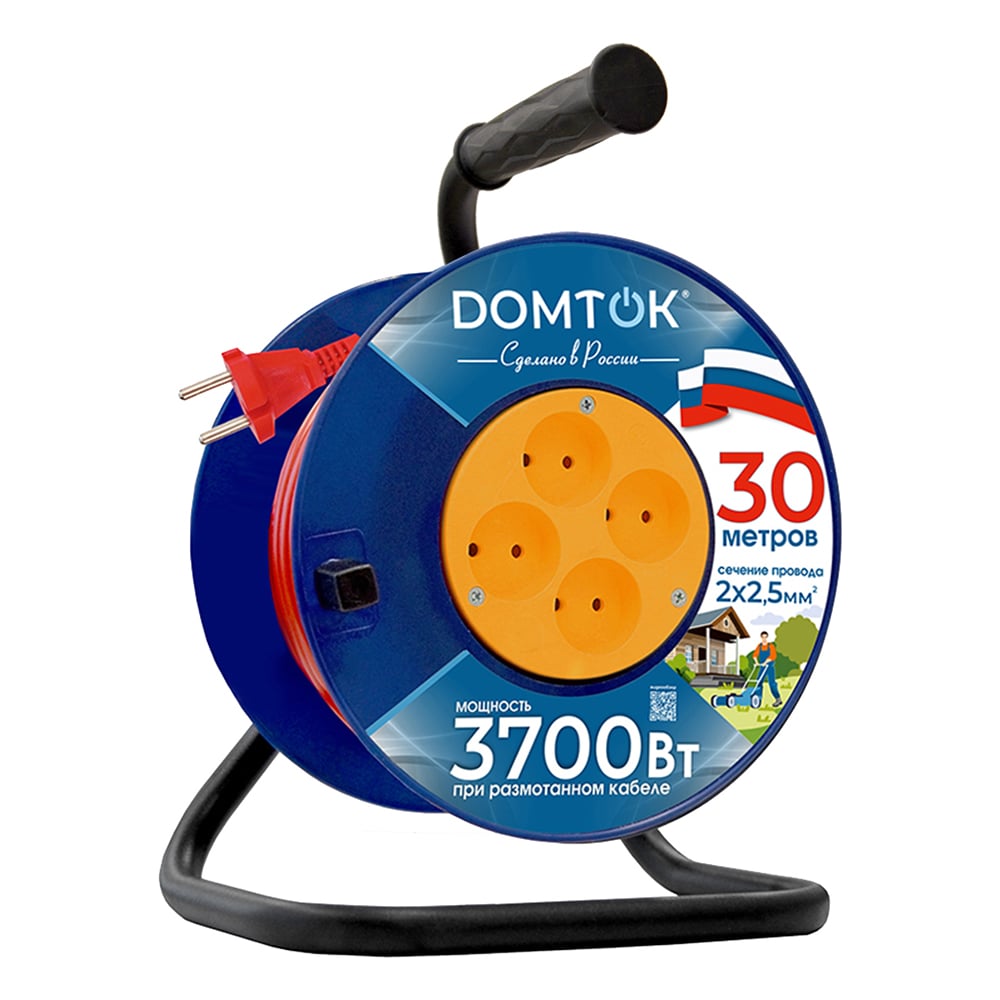 Изображение товара Удлинитель силовой на катушке DOMTOK 4 гнезда, ПВС 2*2,5, 3,7кВт, б/з 30м 2508