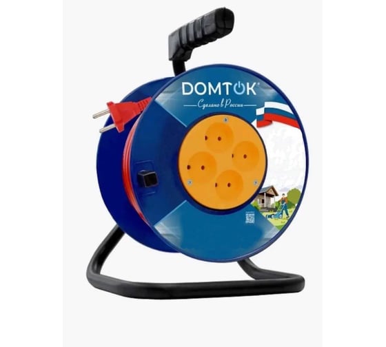 Изображение товара Удлинитель силовой на катушке DOMTOK 4 гнезда, ПВС 2*1, 2,2кВт, б/з 20м 2437