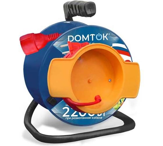 Изображение товара Удлинитель силовой на катушке DOMTOK с 1 выносной розеткой, ПВС 2*1, 2,2кВт, б/з 20м 2427