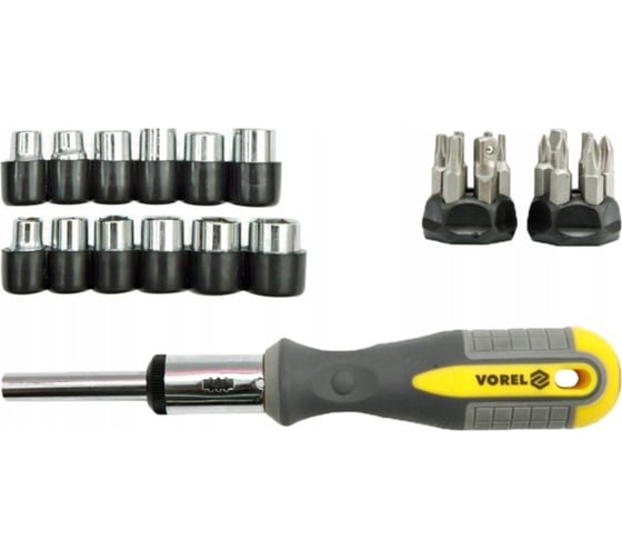 Изображение товара Отвёртка с трещоткой VOREL, в наборе с головками и вставками 29 предм. 60975