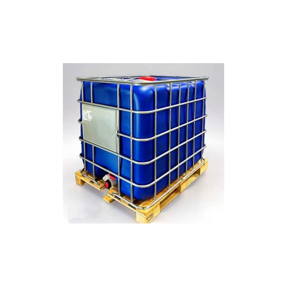 Изображение товара Еврокуб пластиковый 1000 л с краном и крышкой, синий, на деревянной паллете
