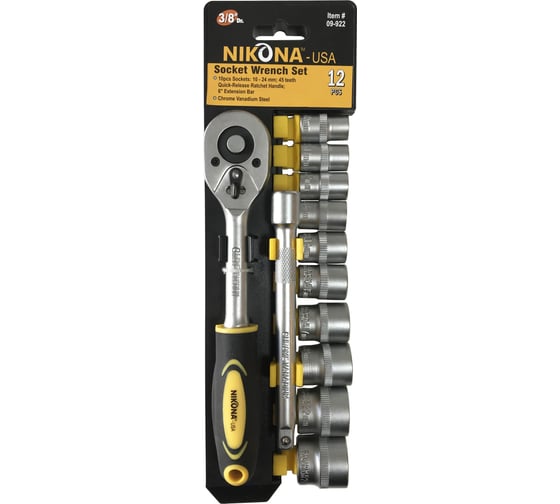Изображение товара Набор торцевых головок NIKONA с трещоткой квадрат 3/8", 12 предметов 09-922