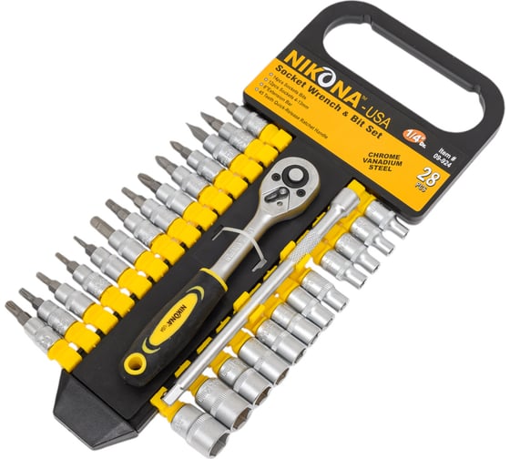 Изображение товара Набор торцевых головок NIKONA с трещоткой кв.1/4", 28 предметов 09-924