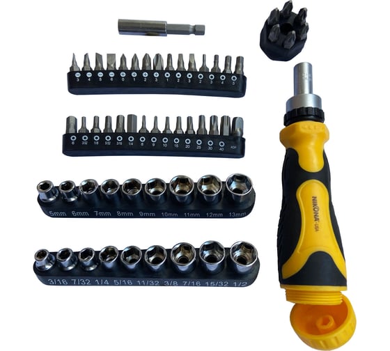 Изображение товара Реверсивная отвертка NIKONA с набором бит и головок SAE и metric 56 предметов 29-357