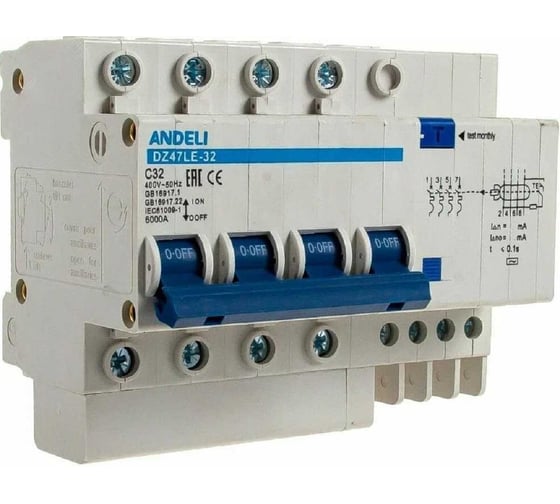 Изображение товара Дифференциальный автоматический выключатель ANDELI DZ47LE-32 4P 32A 100mA тип AC х-ка С ADL02-026