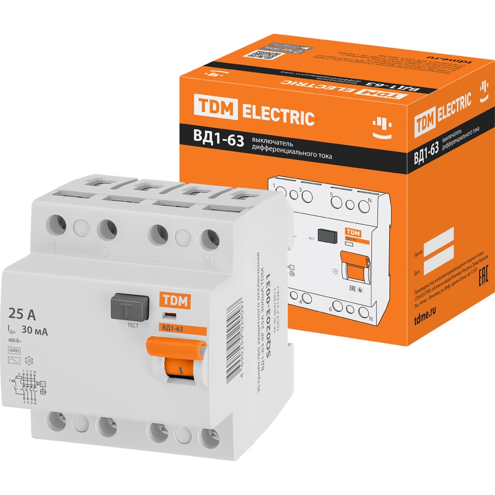 Изображение товара Устройство защитного отключения ВД1-63 4Р 25А 300мА TDM ELECTRIC