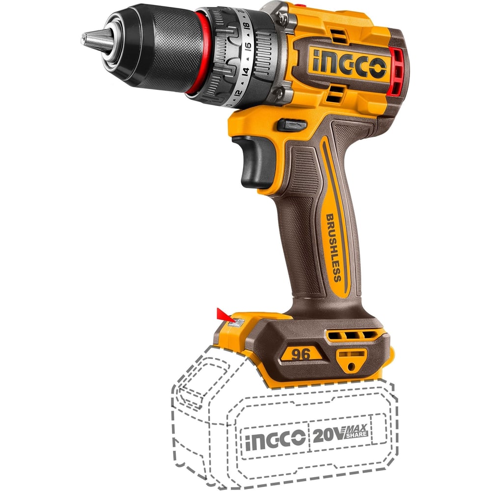 Изображение товара Бесщеточный ударный шуруповерт INGCO 20В, 96 Нм CIDLI20968