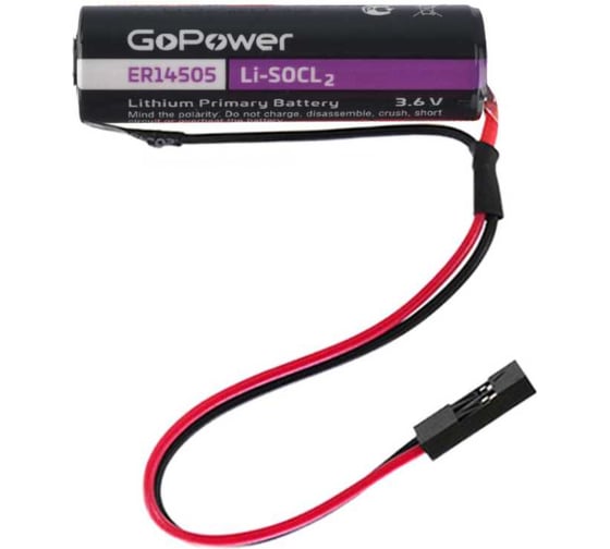 Изображение товара Батарейка GoPower ER14505 PC1 Li-SOCl2 3.6V 2600mAh с коннектором 2.54мм Dupont 00-00031776